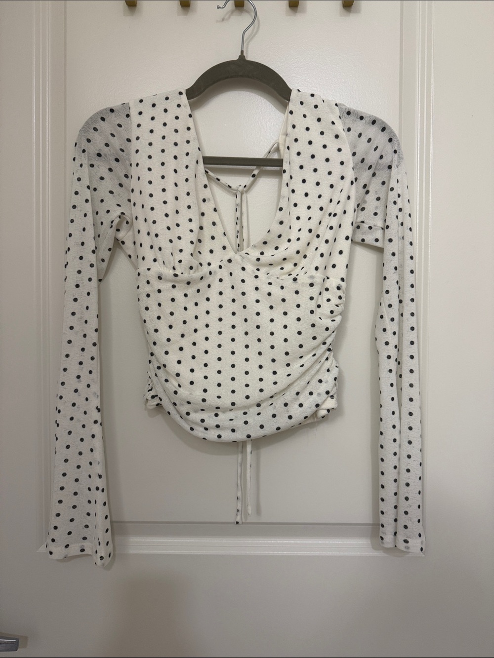 Polka Dot Long-Sleeve V-Neck Top - White/Black